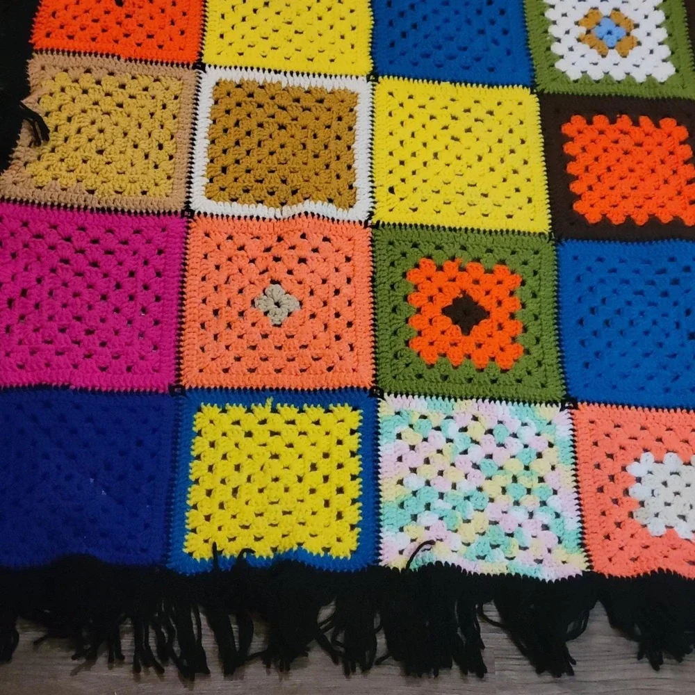 VTG Crochet Blanket Granny Square Fringe Afghan Throw 79x63